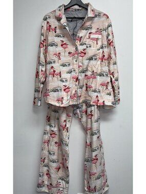 Nick & Nora Flannel Pajama Set Womens Size Large Pink Flamingo RV Camper